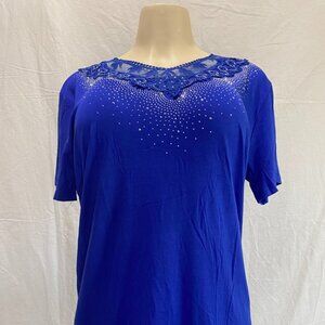 Blue Lace Yoke Top with Rhinestone Embellishments – Short Sleeve Blouse